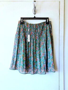 🪷 💲98 Max Studio sz M Floral Green Swing Skirt Gathered at Waist Lined